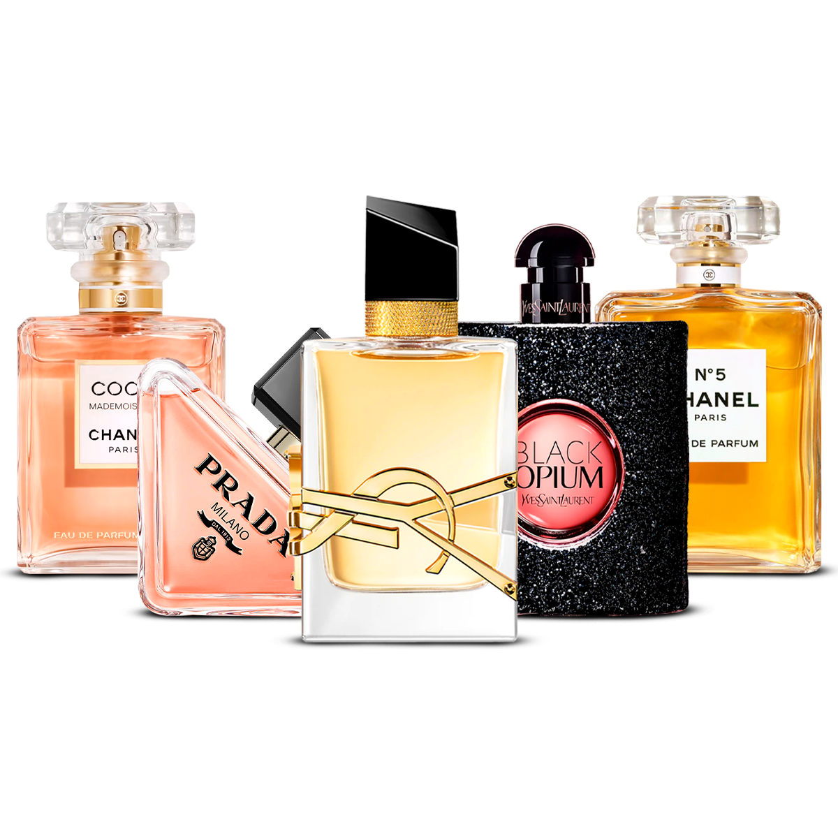 Set de 5 Perfumes – Coco Mademoiselle, Prada Paradoxe, Libre, Black Opium i Chanel N°5 [100 ml ciascuno]