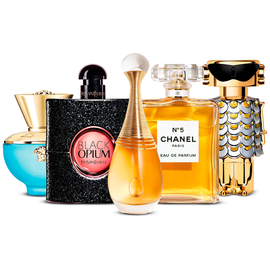 Set de 5 Perfumes  – Versace Dylan Turquoise, Black Opium, J'adore, Chanel Nº5 i Fame  [100 ml ciascuno]